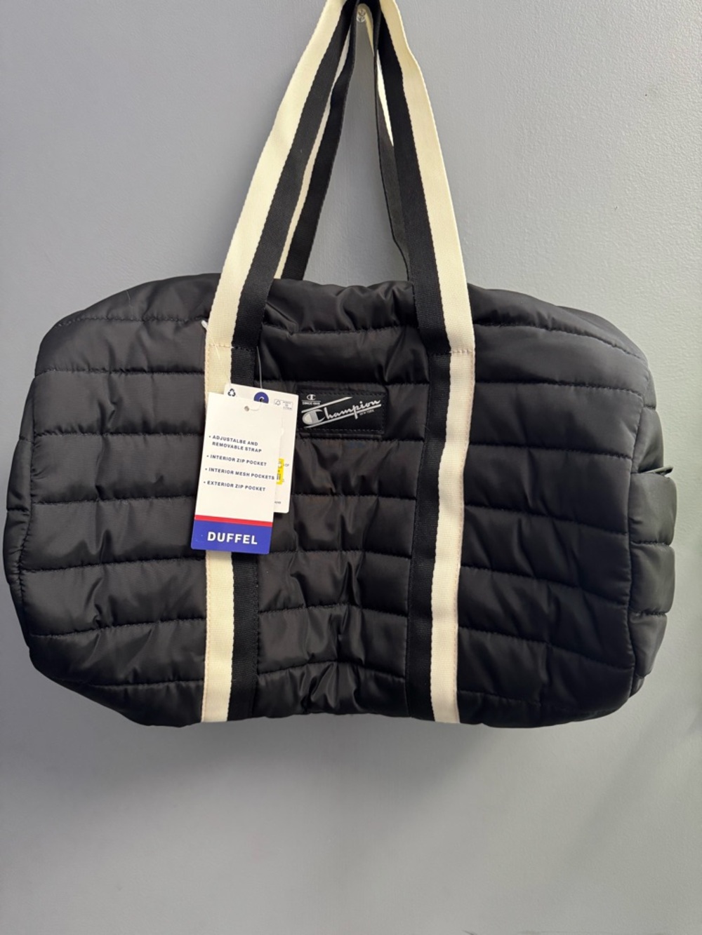 Champion Black Quilted Duffel w/ side zip pocket & zip pocket inside unisex